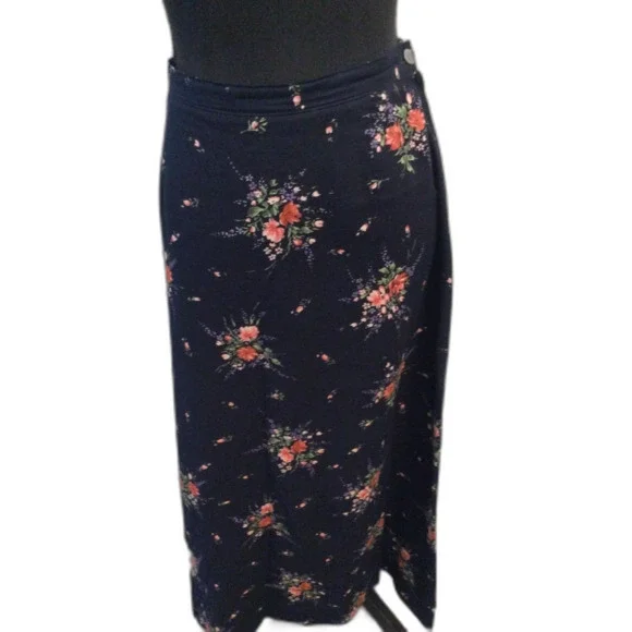Vintage Crazy Horse Liz Claiborne floral Linen Blend Maxi Skirt Size10 Navy Blue - Picture 1 of 5